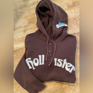 Hollister Youth Large Brown 2 Button Front‎ Graphic Drawstring Hoodie W/ Pouch